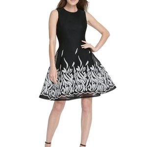 DKNY Embroidered Mesh Crew Neck Sleeveless Fit and Flare Dress